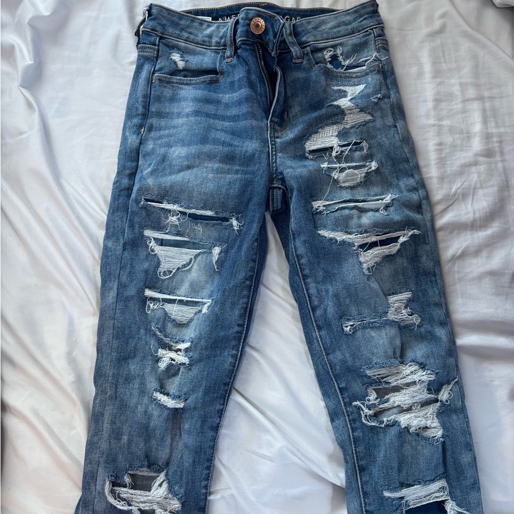 American Eagle Outfitters Blue Boyfriend Jeans Distressed Design